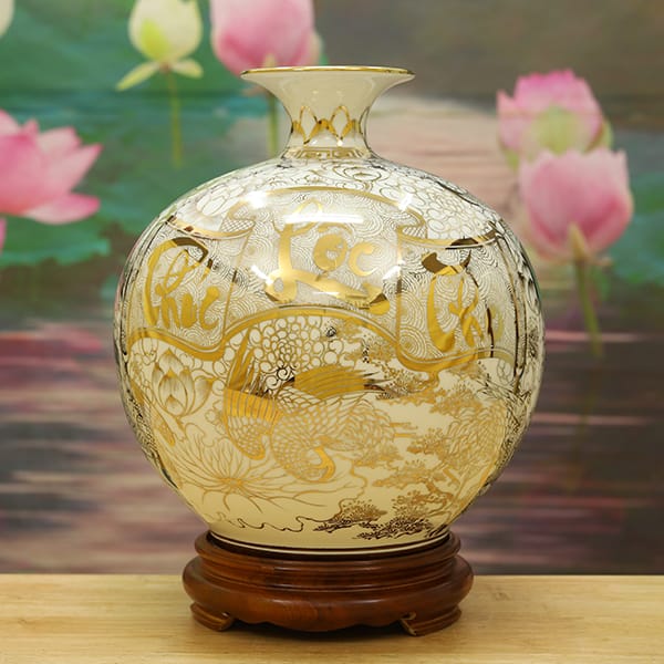 Bình hút tài lộc vẽ vàng 24K “Phúc Lộc Thọ”