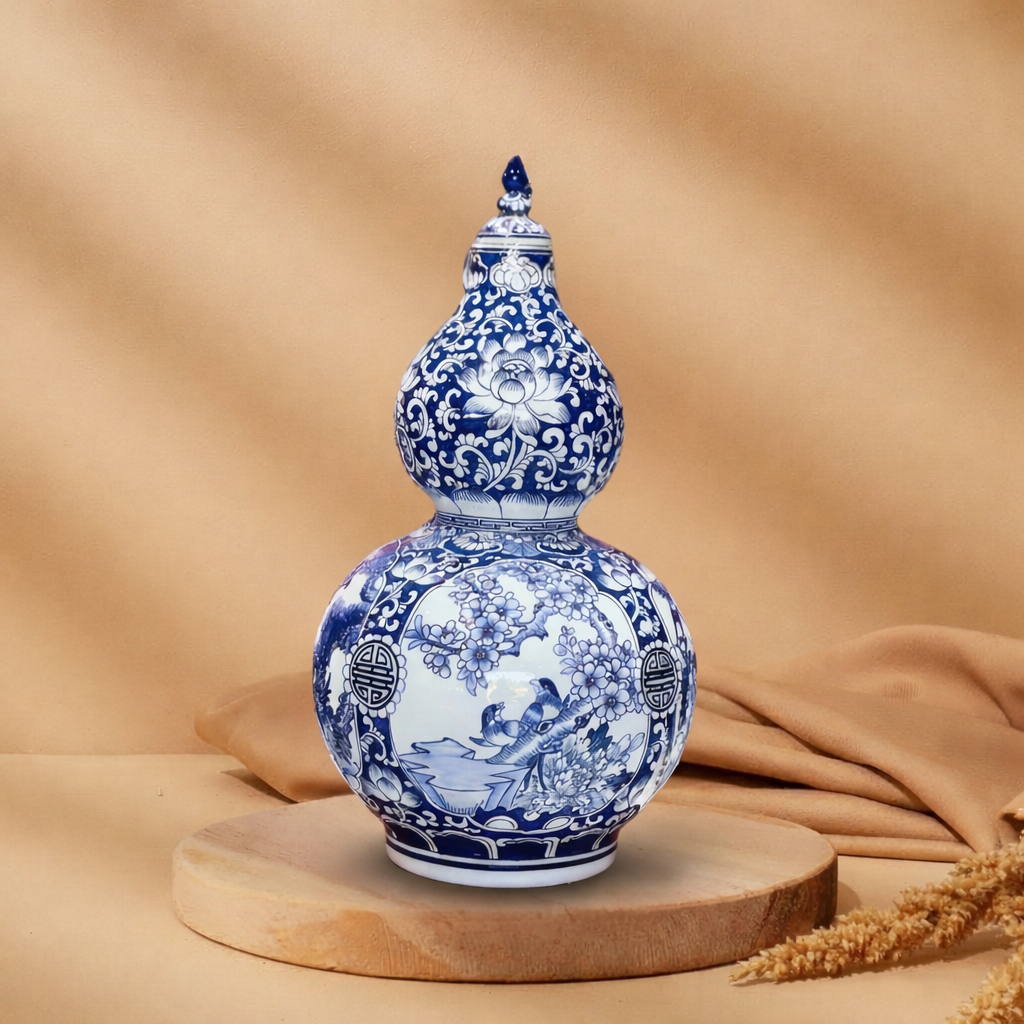 Bình Hồ Lô Tứ Cảnh Tùng Cúc Trúc Mai Men Lam Bát Tràng