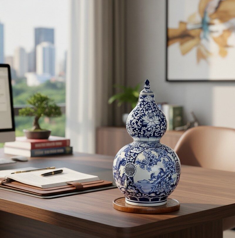 Bình Hồ Lô Tứ Cảnh Tùng Cúc Trúc Mai Men Lam Bát Tràng1