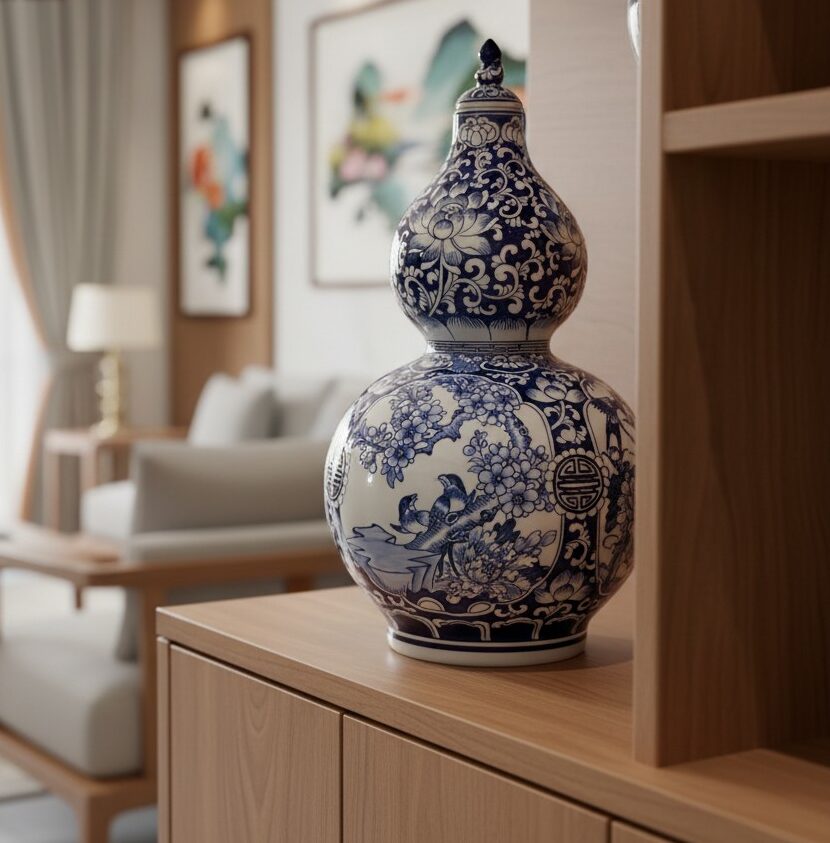 Bình Hồ Lô Tứ Cảnh Tùng Cúc Trúc Mai Men Lam Bát Tràng2