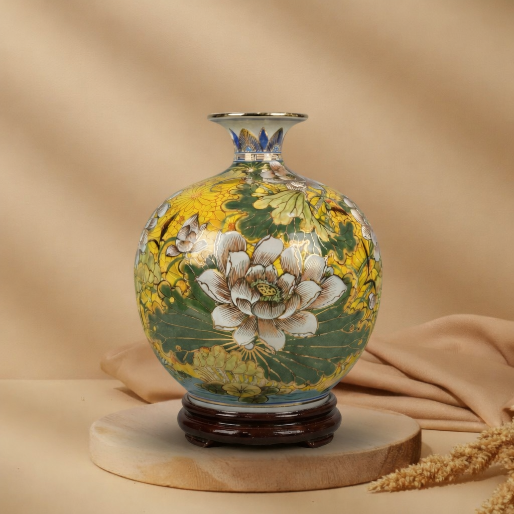 Bình Hút Lộc Liên Hoa Cát Tường Vẽ Vàng 24K