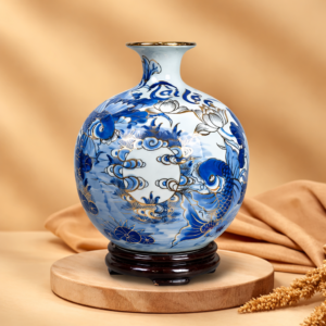 Bình Hút Lộc Song Ngư Cát Tường Men Lam Vẽ Vàng 24K