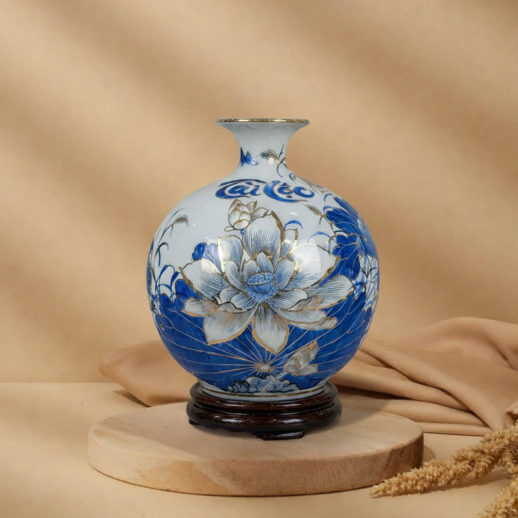 Bình Hút Tài Lộc Hoa Sen Tài Lộc Men Lam Vẽ Vàng