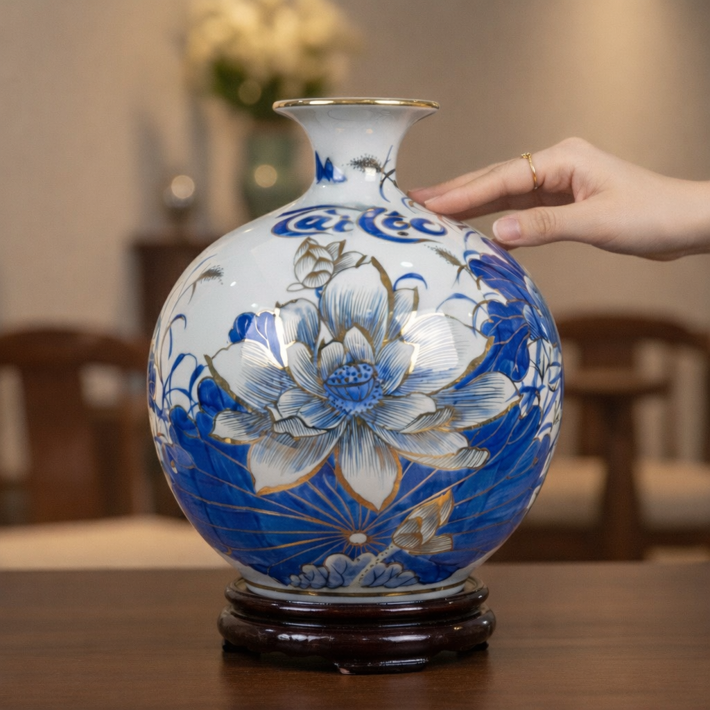 Bình Hút Tài Lộc Hoa Sen Tài Lộc Men Lam Vẽ Vàng1