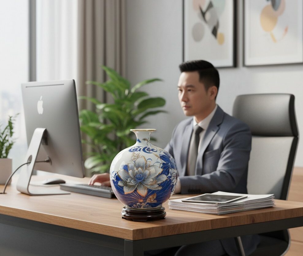 Bình Hút Tài Lộc Hoa Sen Tài Lộc Men Lam Vẽ Vàng2