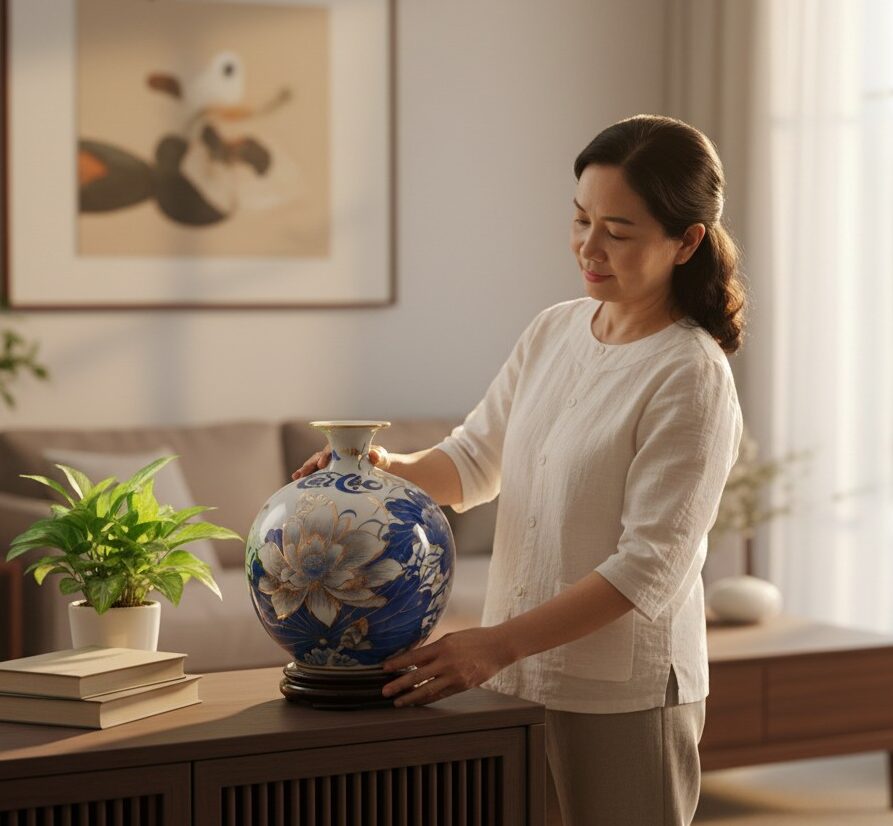 Bình Hút Tài Lộc Hoa Sen Tài Lộc Men Lam Vẽ Vàng3