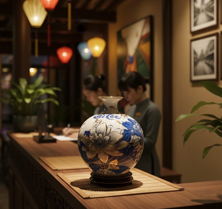 Bình Hút Tài Lộc Hoa Sen Tài Lộc Men Lam Vẽ Vàng4