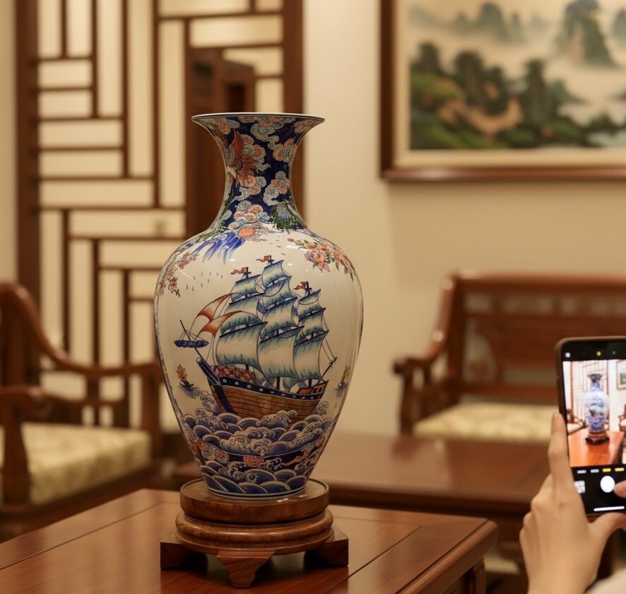 Bình Tỏi Nhị Cảnh Hoa Văn Thuận Buồm – Công Đào Bát Tràng2