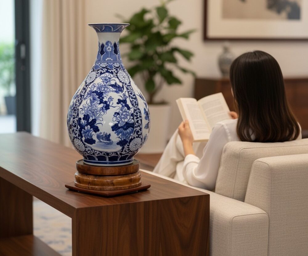 Bình Tỳ Bà Men Lam Vẽ Tứ Cảnh Tùng Cúc Trúc Mai Bát Tràng1