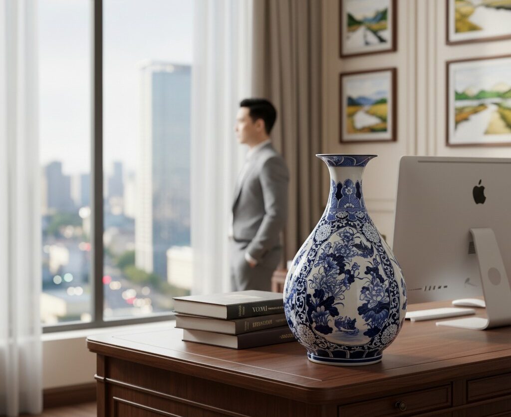 Bình Tỳ Bà Men Lam Vẽ Tứ Cảnh Tùng Cúc Trúc Mai Bát Tràng2