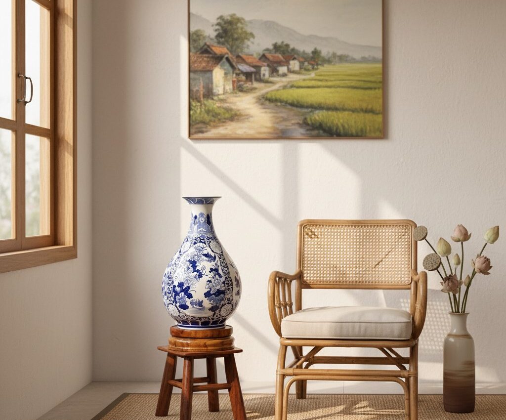 Bình Tỳ Bà Men Lam Vẽ Tứ Cảnh Tùng Cúc Trúc Mai Bát Tràng3