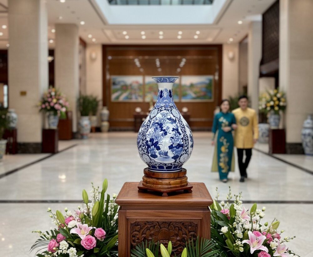 Bình Tỳ Bà Men Lam Vẽ Tứ Cảnh Tùng Cúc Trúc Mai Bát Tràng4