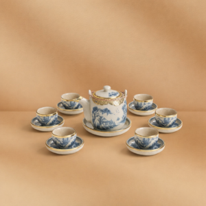 Bộ ấm chén dáng trụ quai xách men rạn cổ bọc đồng Bát Tràng