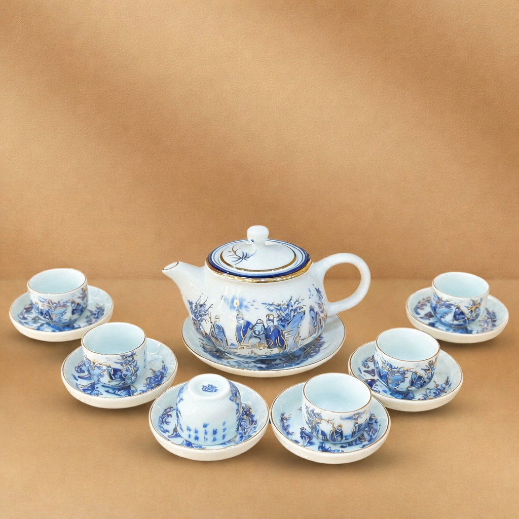 Bộ ấm chén men lam ba chân vẽ vàng 24K Trúc Lâm Thất Hiền