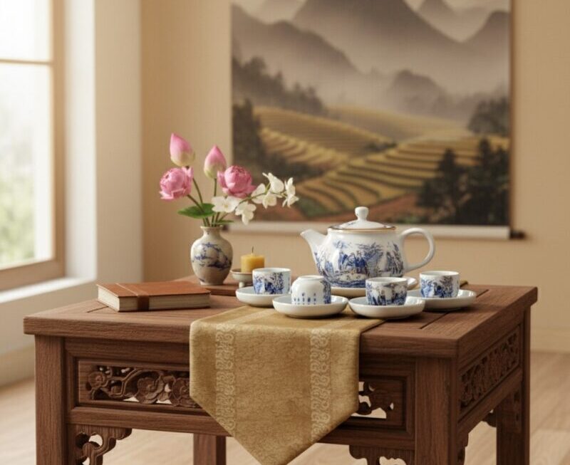 Bộ ấm chén men lam ba chân vẽ vàng 24K Trúc Lâm Thất Hiền1