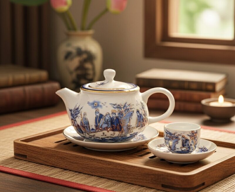 Bộ ấm chén men lam ba chân vẽ vàng 24K Trúc Lâm Thất Hiền2