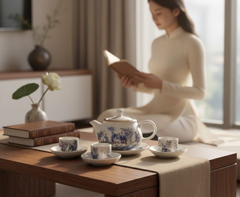 Bộ ấm chén men lam ba chân vẽ vàng 24K Trúc Lâm Thất Hiền3