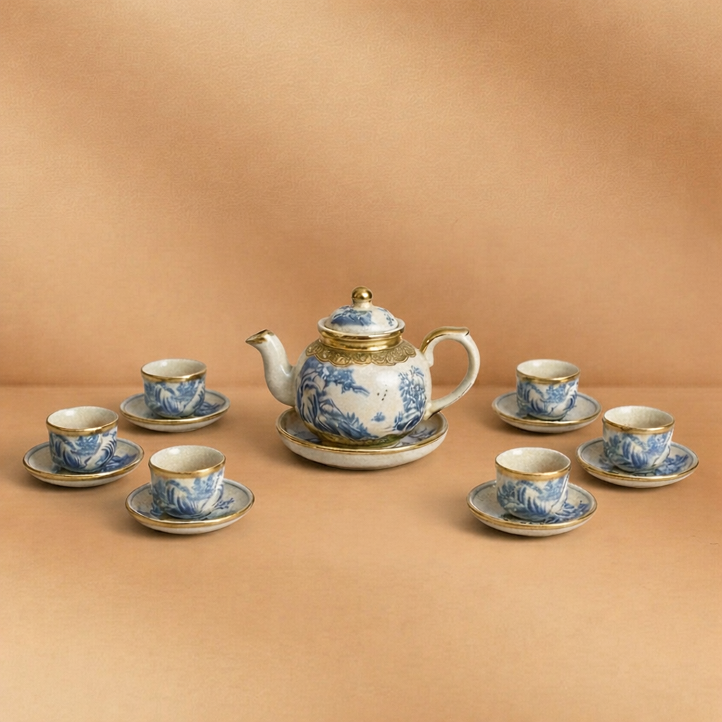 Bộ ấm chén men rạn dáng đèn thần men rạn bọc đồng Bát Tràng