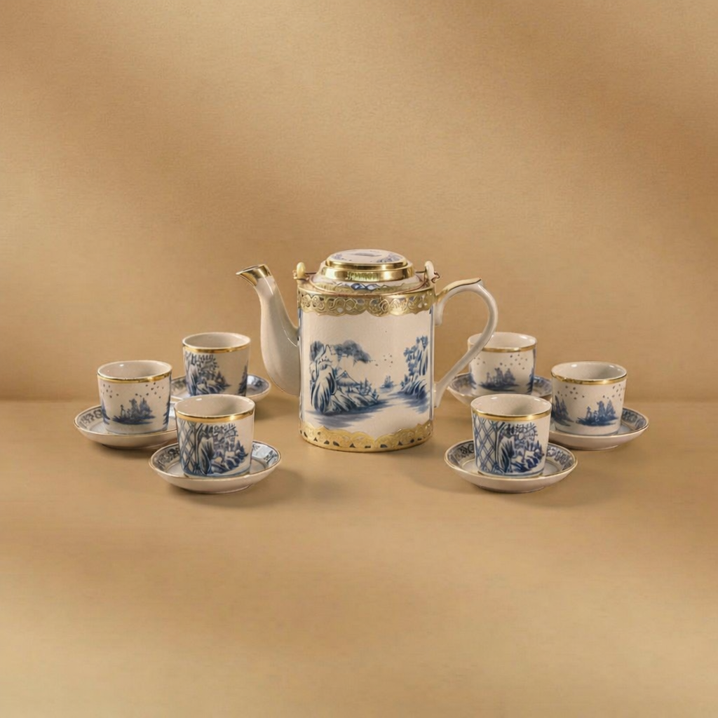 Bộ ấm tích men rạn cổ bọc đồng họa tiết sơn thủy men lam