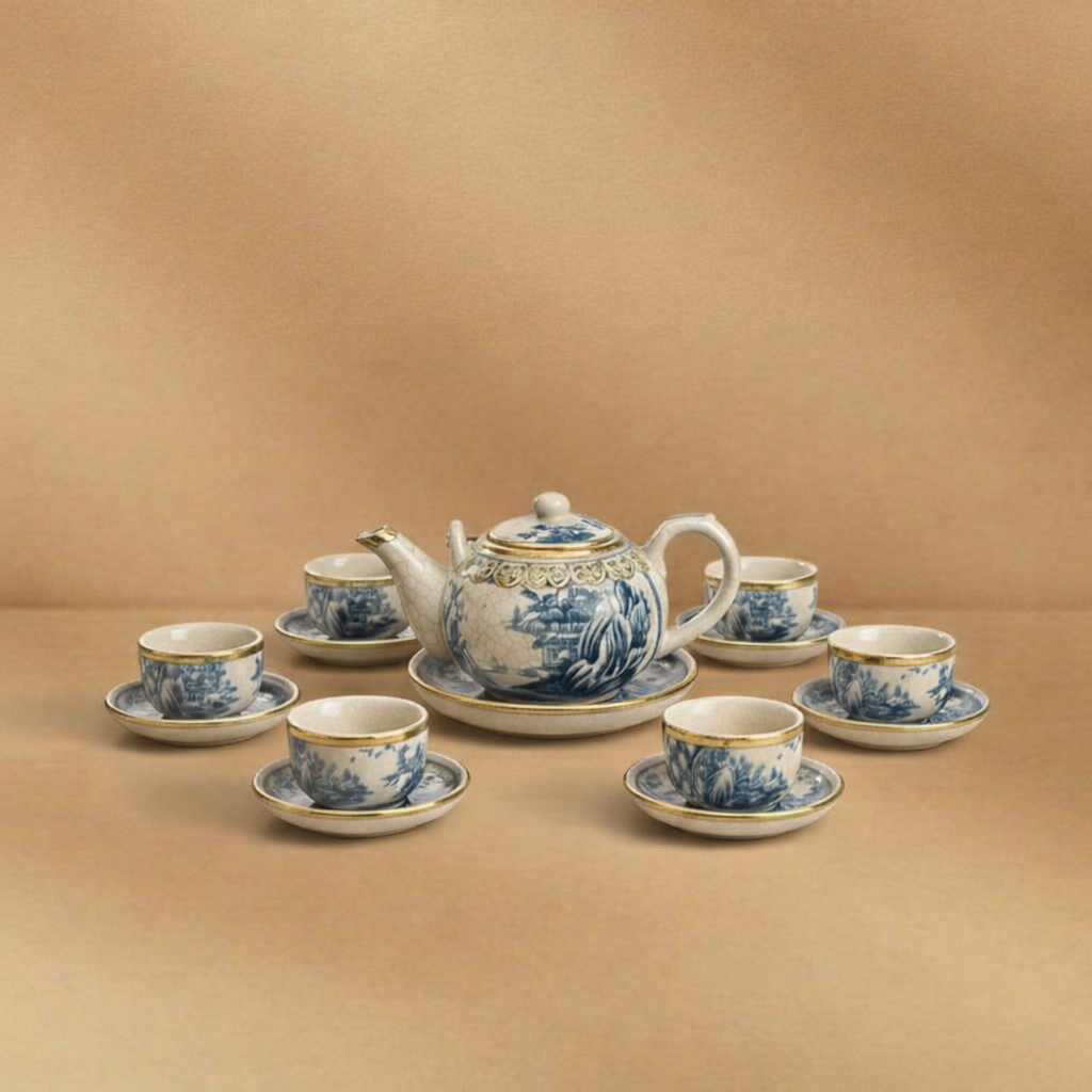 Bộ ấm trà dáng tròn thấp men rạn cổ bọc đồng họa tiết men lam