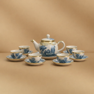 Bộ ấm trà quả đào men rạn cổ bọc đồng họa tiết men lam