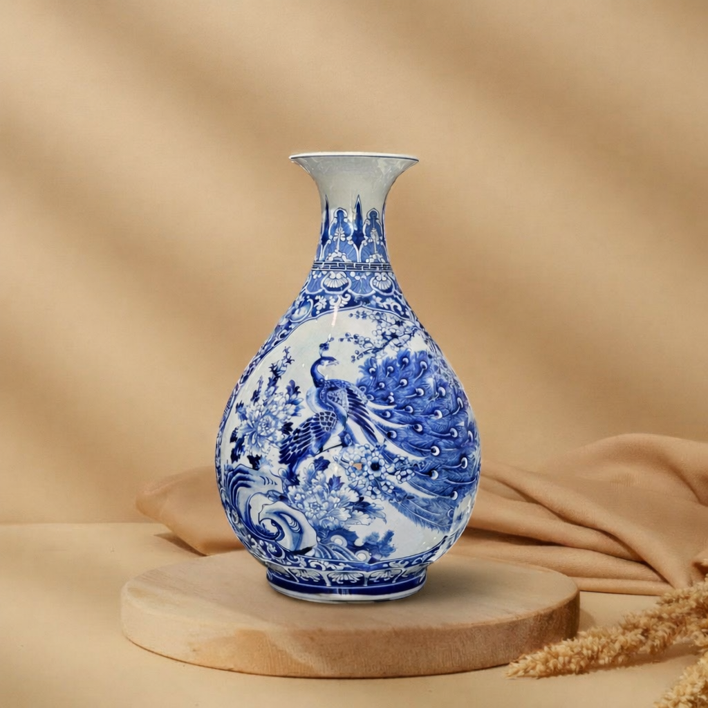 Lọ Tỳ Bà Nhị Cảnh Công Đào – Thuận Buồm Men Lam Bát Tràng