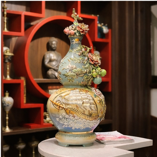 Hồ lô Bát Tràng Việt Nam Thuận Buồm vạn lộc xanh lam